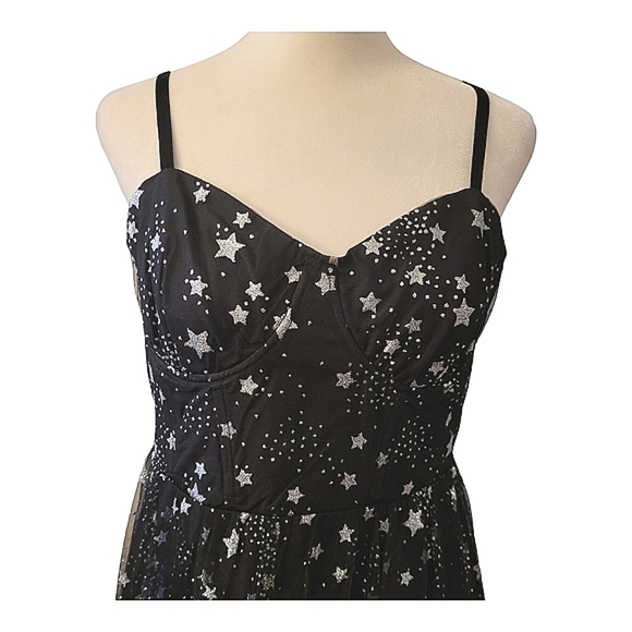 NEW Betsey Johnson Bustier Cup Silver Stars Midi Dress Black Mesh Tiered Size 8 - Picture 3 of 16